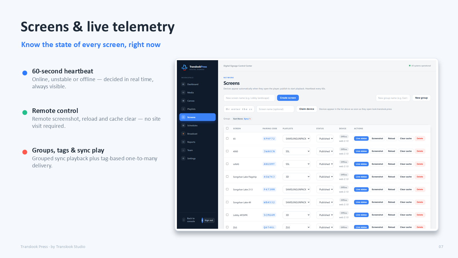 Translook Press English screens and live telemetry interface